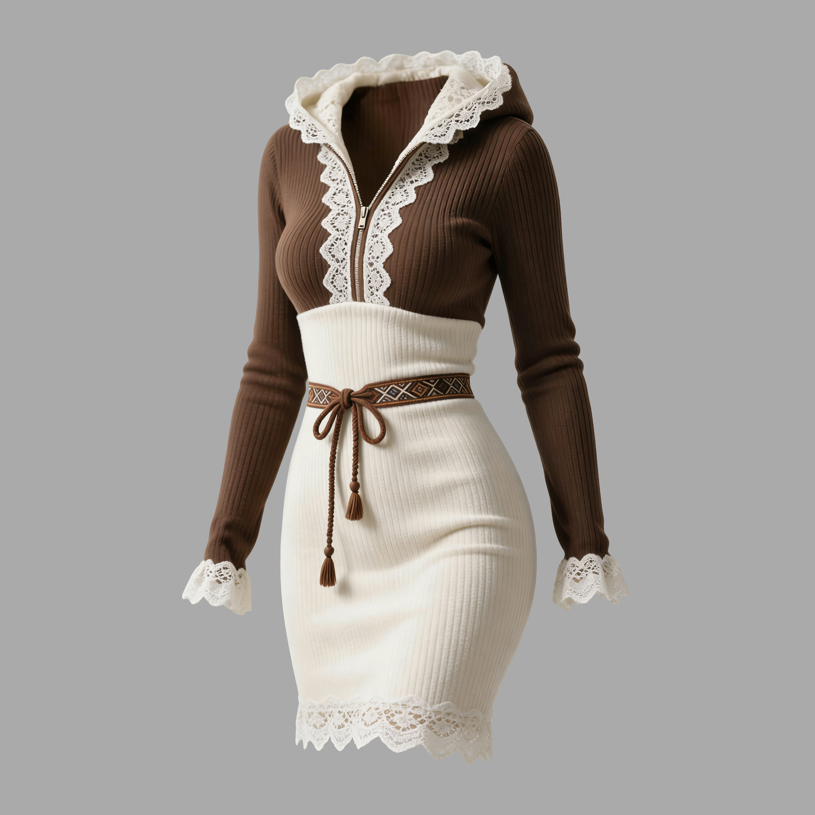 Women's Vertical Striped Color Block Lace Half-Zip Hooded Slim Fit Dress