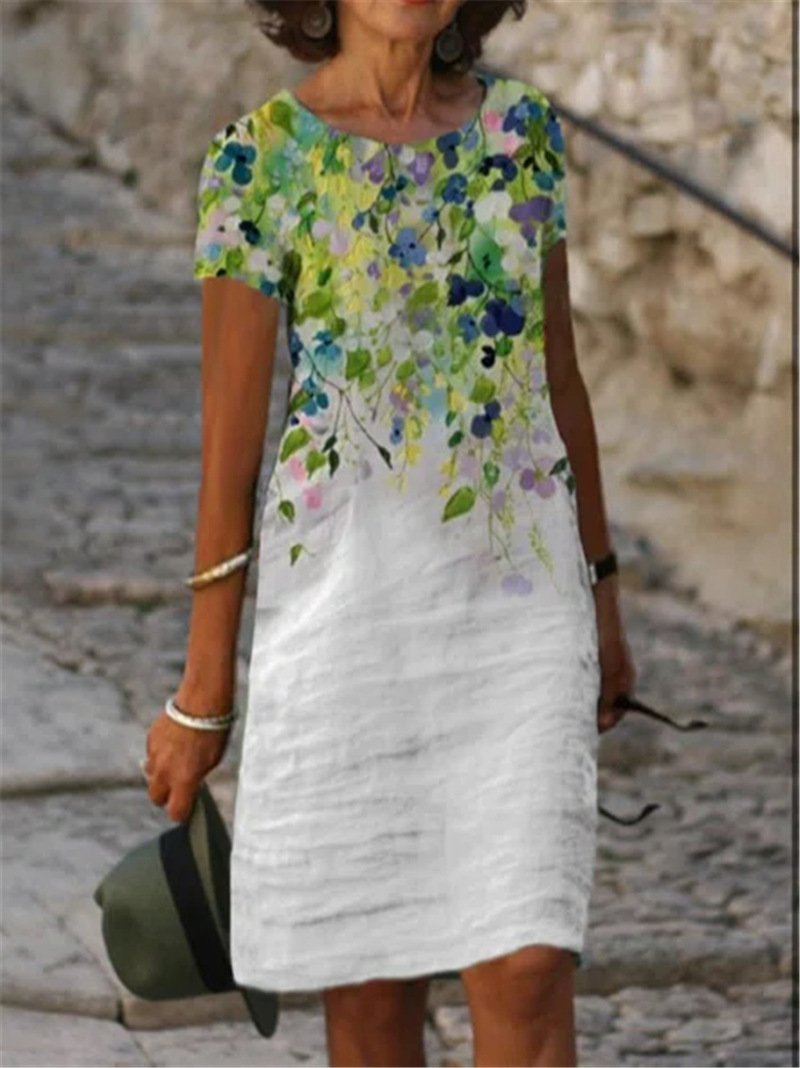 Women's  Printed Cotton Linen V-Neck Midi Dress