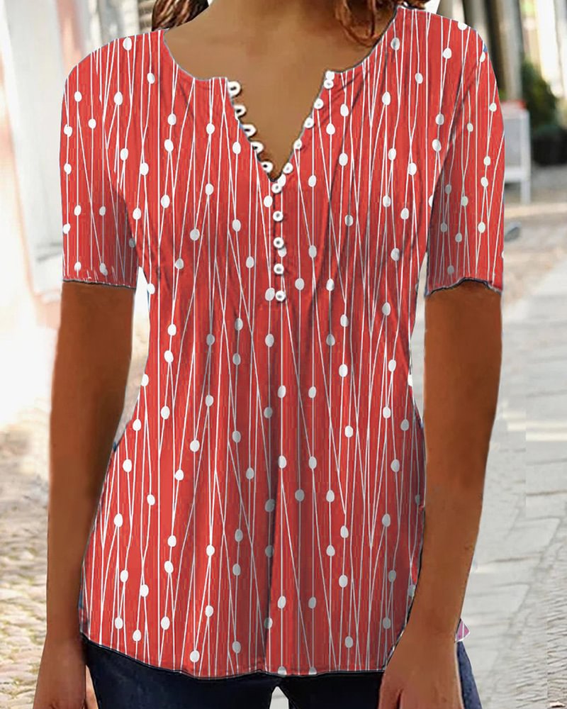 Casual V Neck Polka Dot Print Short Sleeve base layer Shirt