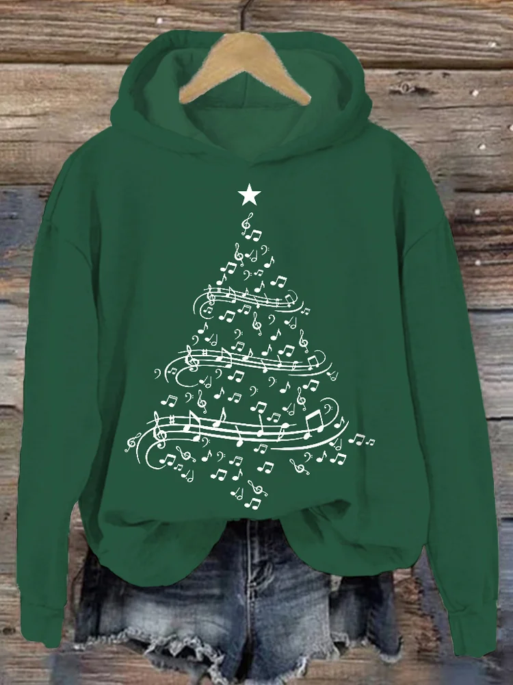 Christmas Music Notes Tree Pattern Comfy Hoodie