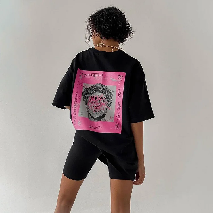 Printed Short-Sleeved T-Shirt Loose Cotton Oversize Top at Hiphopee