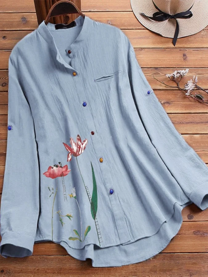 Women's Cotton Linen Lotus Print Color Button Stand Collar Long Sleeve Shirt