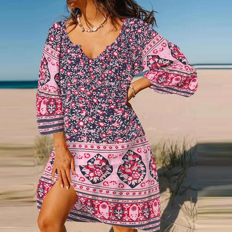 ZANZEA Bohemian Sundress Women Summer Vintage Floral Printed Dress Casual 3/4 Sleeve Loose Beach Holiday Short Vestidos Robe 7