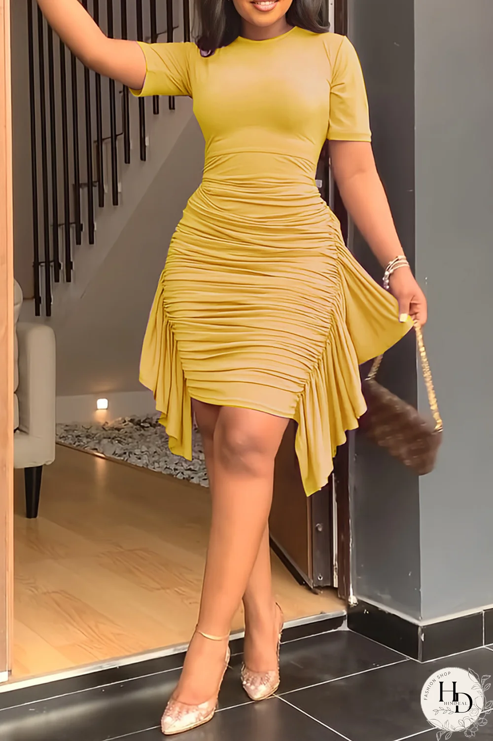 Sky Blue Fashion Solid Flounce Fold O Neck Pencil Skirt Dresses