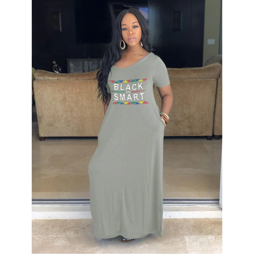 European and American Women's Pocket Letter Loose V-neck Dress Plus Size