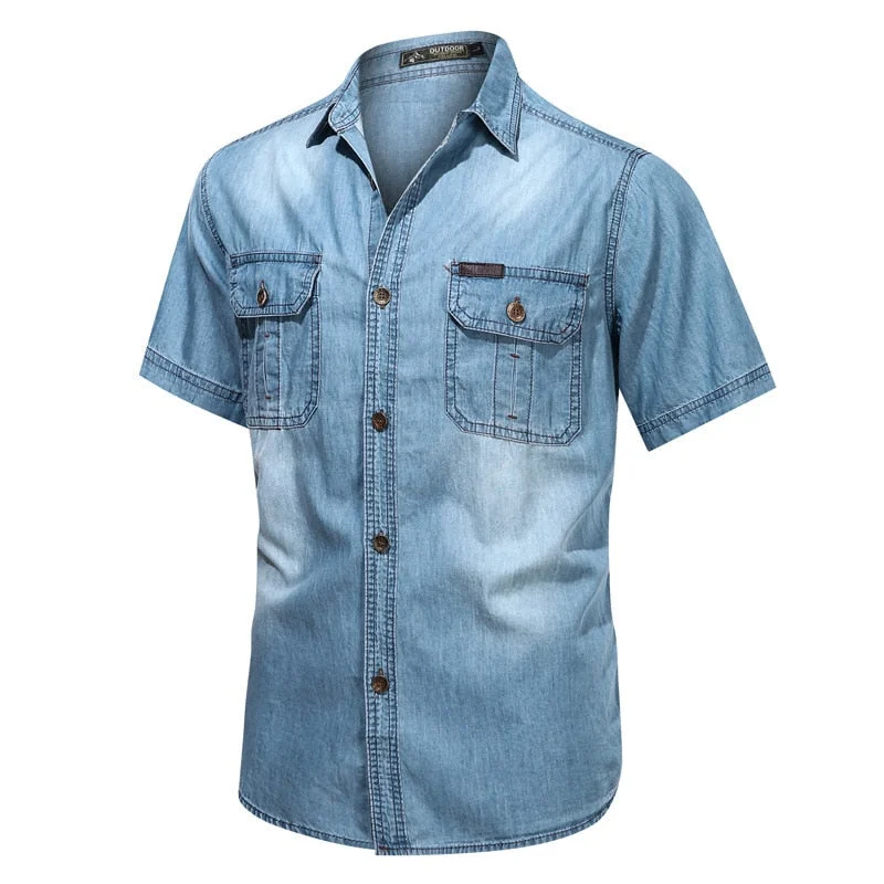 Inongge Mens Blue Denim Shirt Summer Short Sleeve Pockets 95% Cotton Elastic Jean Shirts Retro Fashion Slim Fit Cowboy Men Clothing