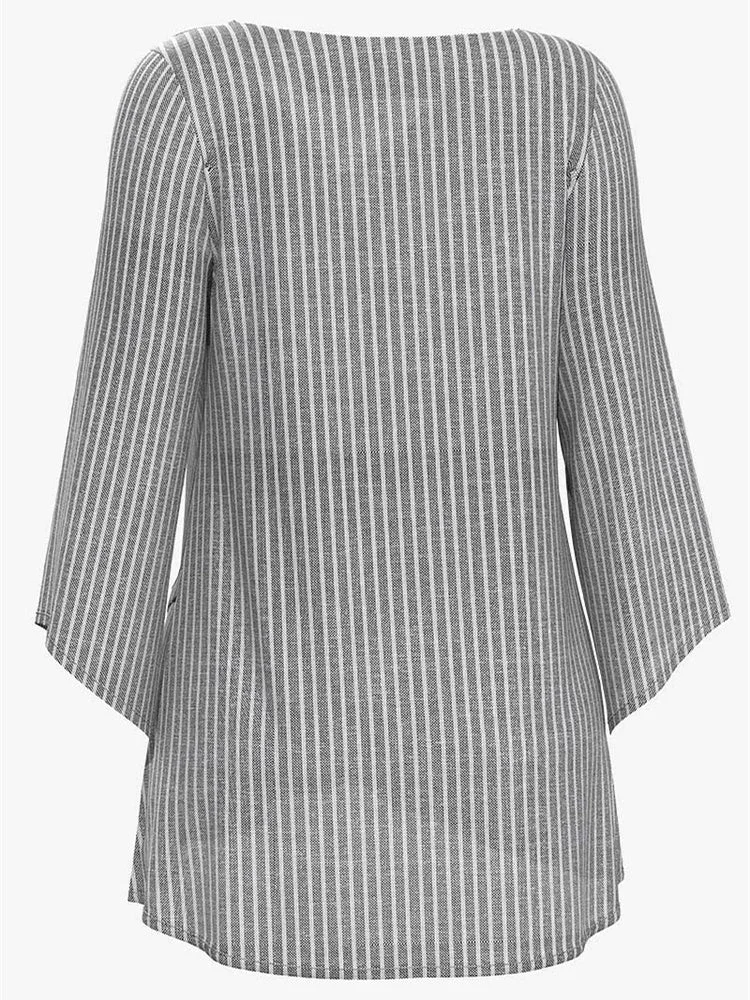 Women Asymmetrical Long Sleeve V-neck Striped Graphic Top