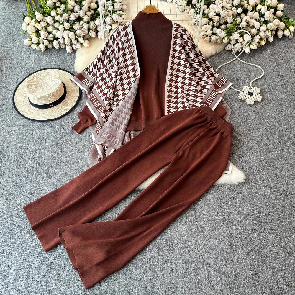 Athvotar Athvotar Version Of Chic Fashion Set Women's Long-Sleeved Knitted Top Coat + High-Rise Display Thin Leg Straight Trousers Three-Piece Set