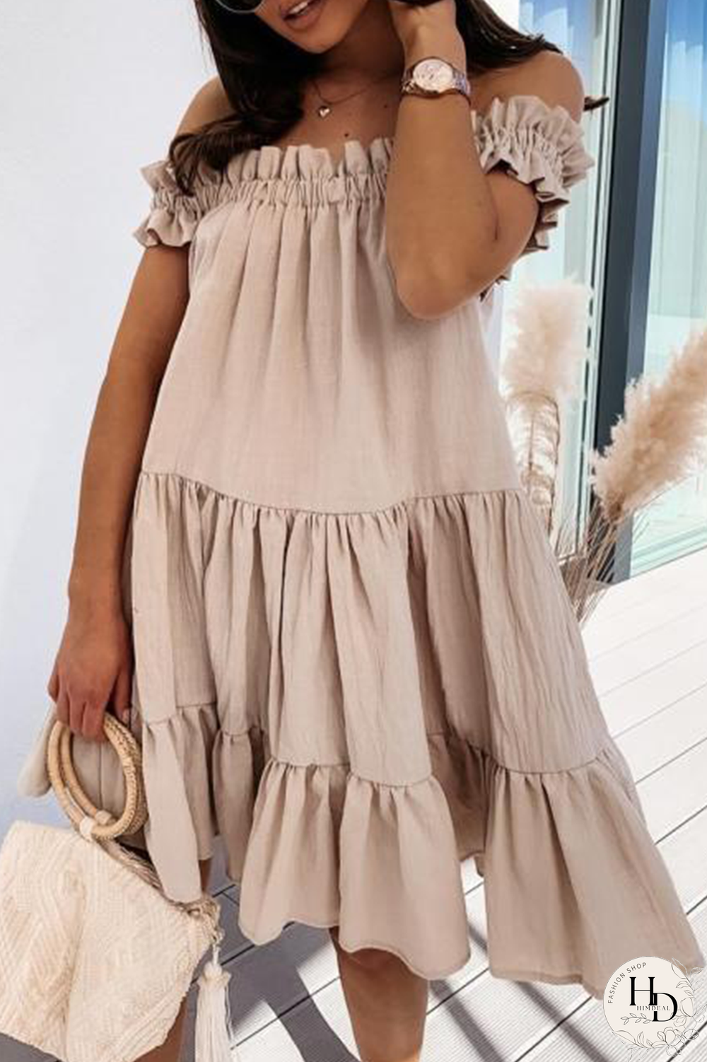 Sweet Solid Patchwork Flounce Off The Shoulder Cake Skirt Dresses(5 Colors)