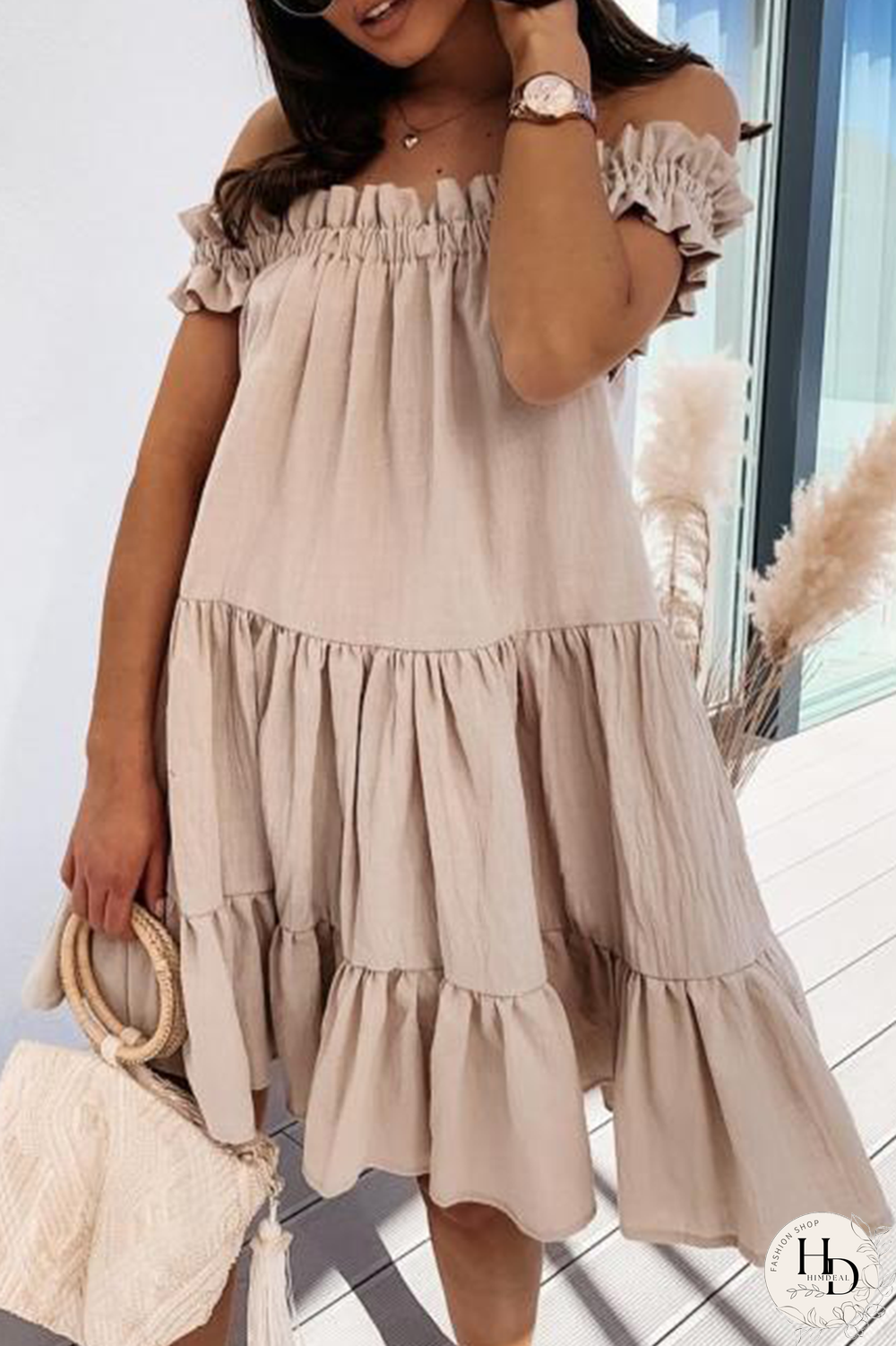 Khaki Sweet Solid Split Joint Flounce Off the Shoulder Cake Skirt Dresses