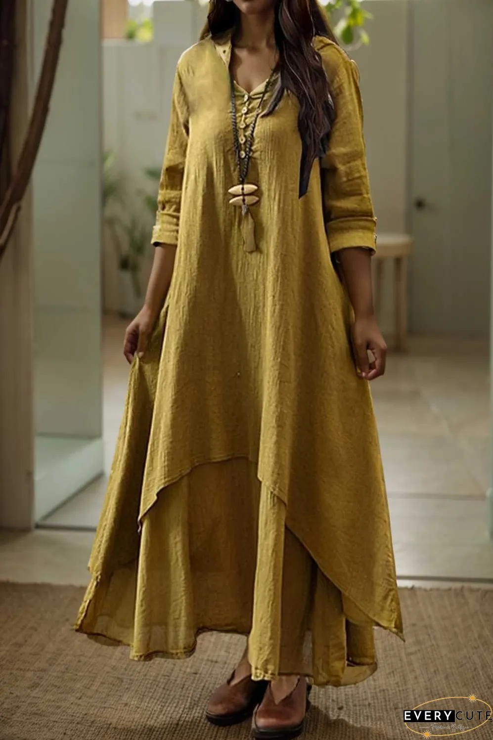 women s plus size casual dress swing dress solid color long dress maxi dress long sleeve button two piece v neck