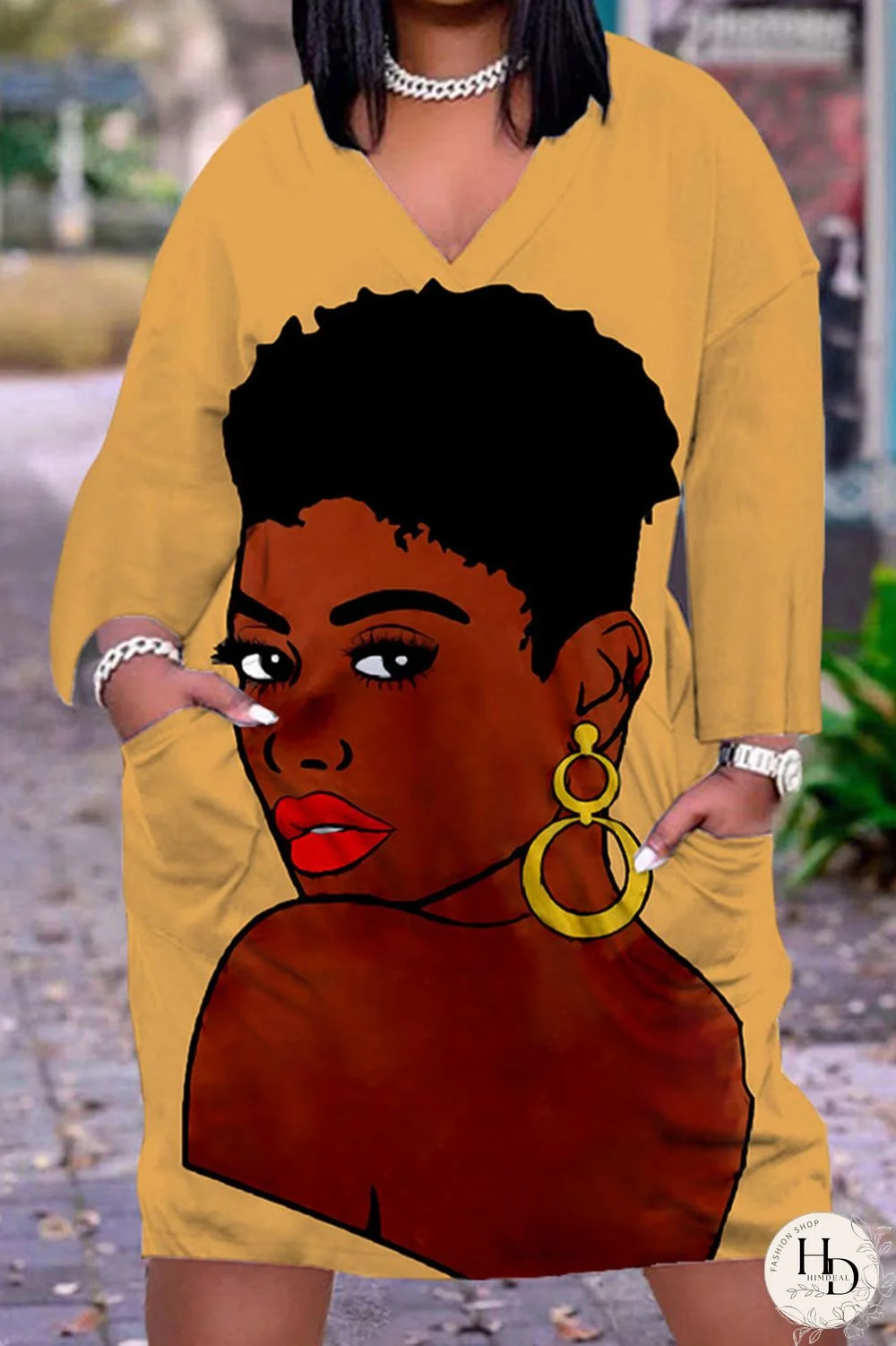 Yellow Brown Casual Print Patchwork V Neck Straight Dresses