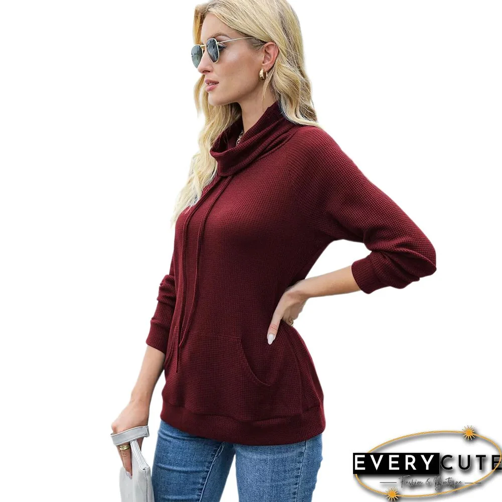 Wine Red Heap Collar Drawstring Pocket Long Sleeve Top