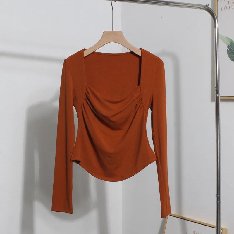 Brownm French Style Long-Sleeved T-Shirt Girl Autumn And Winter Collar Folded Folded Body Inside The Bottom Shirt Top 1665