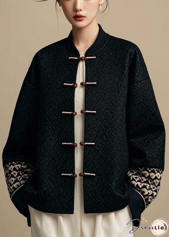 New Black Button Patchwork Cotton Coat Fall