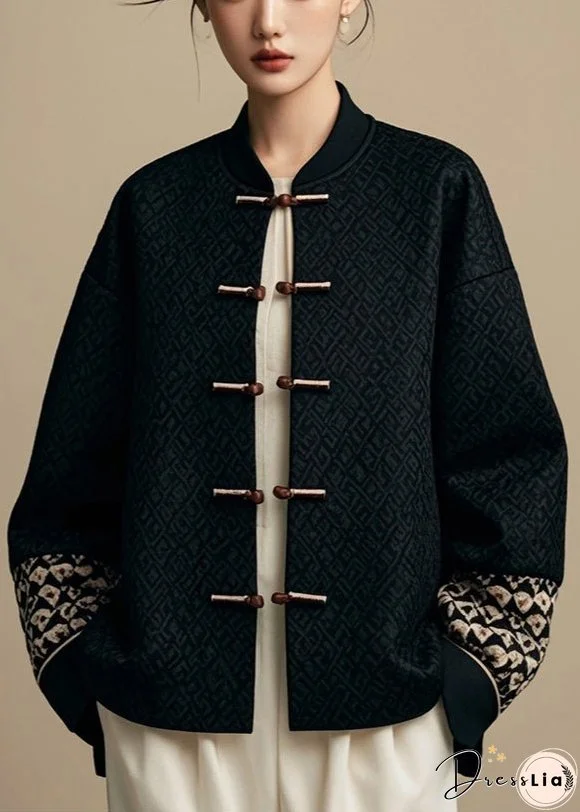 New Black Button Patchwork Cotton Coat Fall