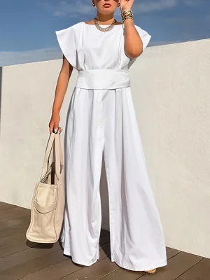 Image of Loose Raglan Sleeve Pleated Solid Color Split-Joint Zipper Round-Neck Jumpsuits