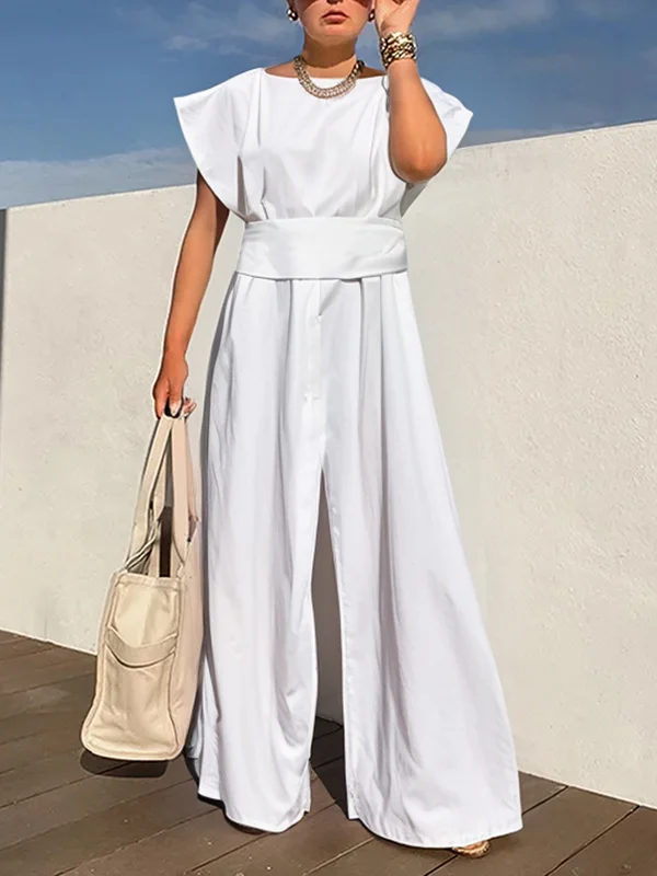 Loose Raglan Sleeve Pleated Solid Color Split-Joint Zipper Round-Neck Jumpsuits