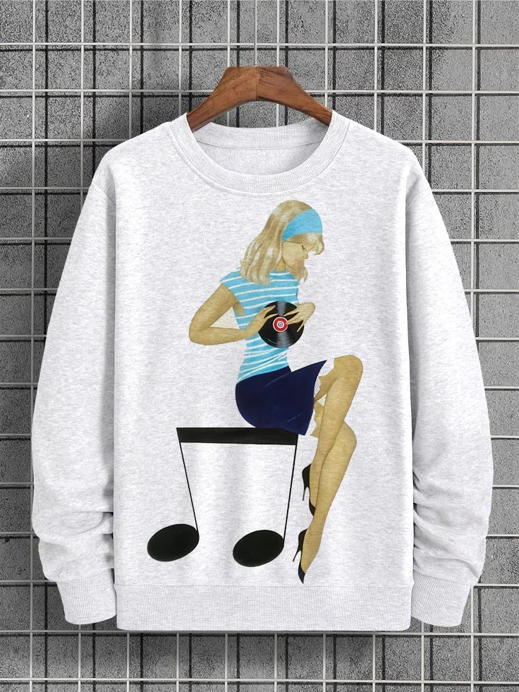 Men's Lady Sitting On Music Notes Holding Vinyl Record Print Casual Sweatshirt