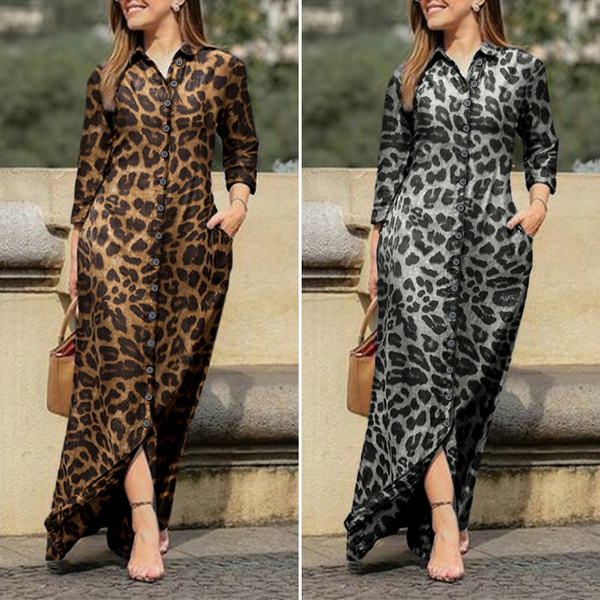 Vonada Colors Womens Casual Leopard Print Long Maxi Dress Vintage Sleeve Button Lapel