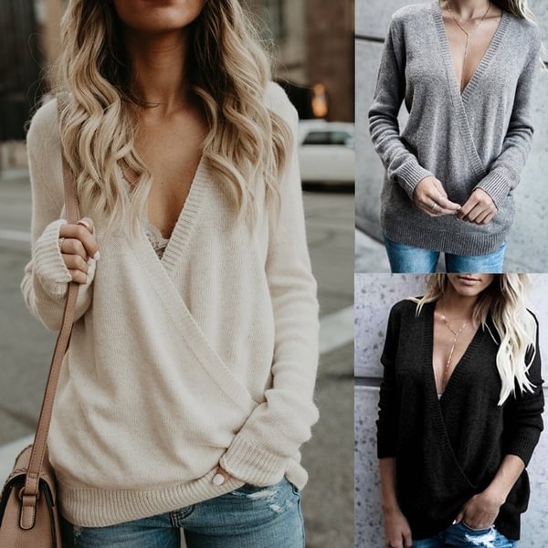 New Autumn Winter Women’s Fashion Pullover Sweaters Loose Deep V-neck Long Sleeve Velveteen Knit Sweater Casual Warm Tops - Shop Trendy Women's Clothing | LoverChic