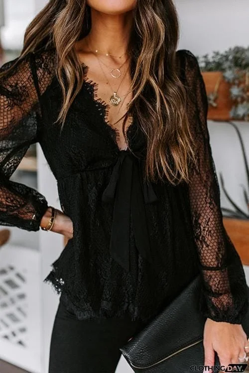 Sheer Lace V Neck Bow Tie Blouse