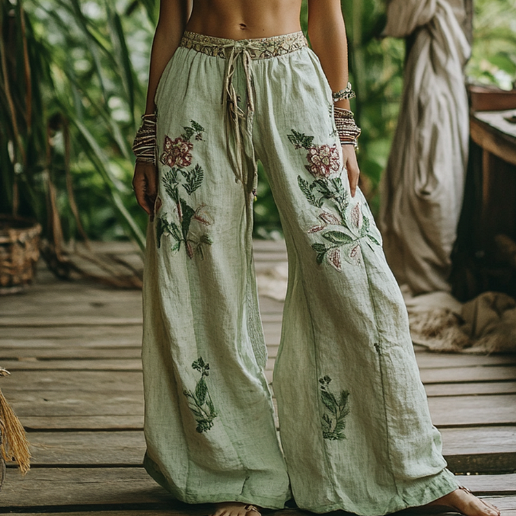 Utbros Vintage Bohemian Floral Art Printed Cotton Linen Wide Leg Pants