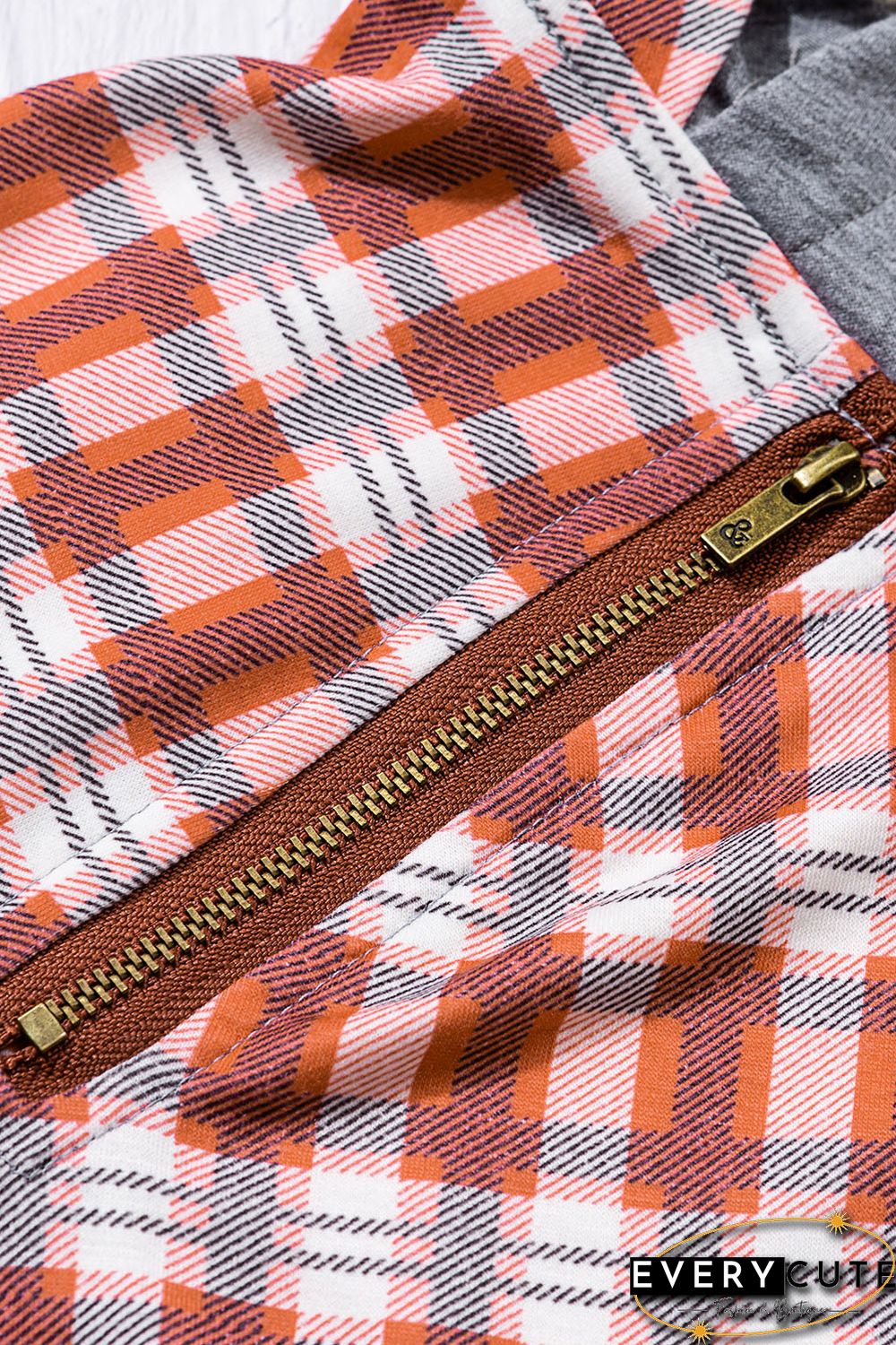 Red Cowl Neck Plaid Drawstring Hoodie with Thumb Hole