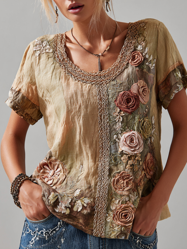 Vintage Oil Painting Style Floral 3d Embroidery Cotton Linen Crew Neck Short Sleeve elevenforest