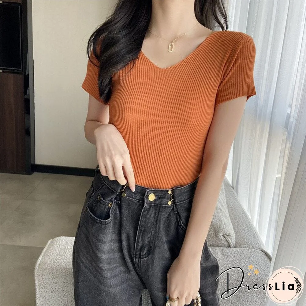 Christmas Gift Summer Short Sleeve Korean Style Sweater V-Neck Knitted Pullover Women Sweaters Basic Thin Tops Pull Femme Jumper