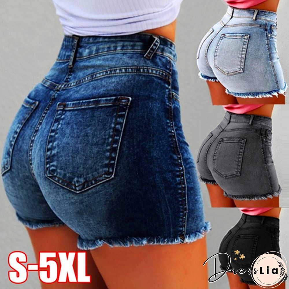 Summer Women's Fashion Causal Stretchy Denim High Waist Beach Shorts Washed Jeans Pants