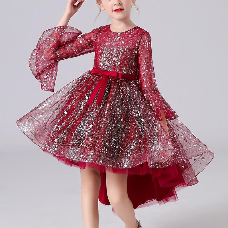 New Girl Clothes Kids Tail Flared Sleeves Elegant Mesh New Year Princess Vestidos Wedding Party Dress