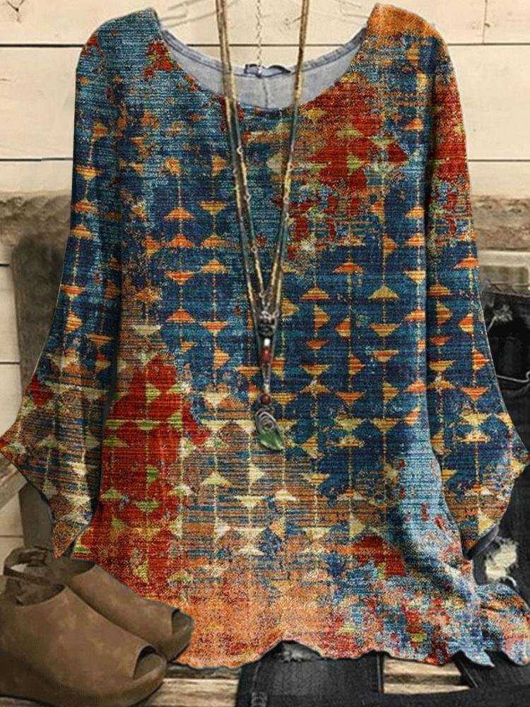 Round Neck Geometric Print Casual Loose Long Sleeve Blouse