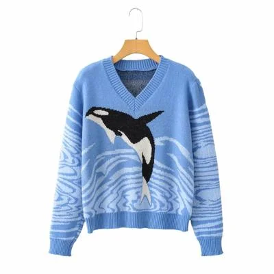 Dolphin Print Sweater Women Oversized Chic Tops Fashion Winter Knitted Sweater V-Neck Y2K Pullover Loose Jumper Sueters De Mujer