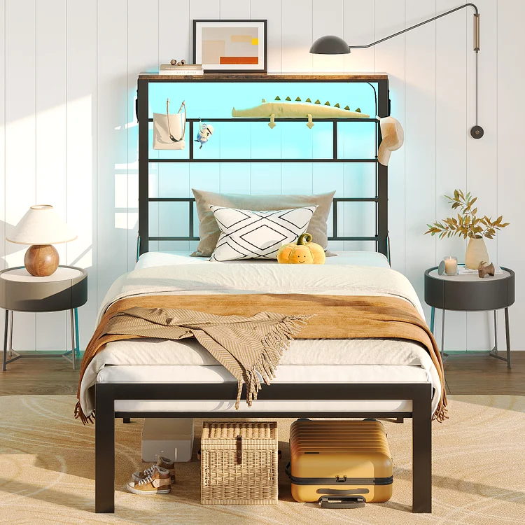 Bestier Bed Frame with 49.2" High LED Lights Headboard Shelf, Metal Platform with Storage, No Box Spring Needed, Black