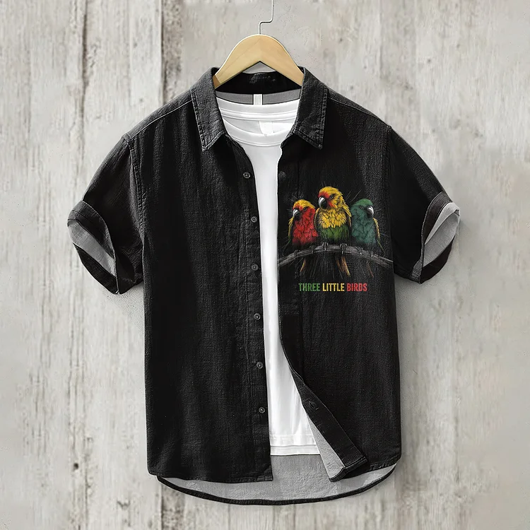 Men's Reggae Music Parrot Pattern Art Short Sleeve Linen Blend Shirt