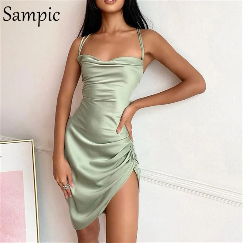 Sampic 2020 Winter Spring Backless Women Split Mini Stain Strap Sleevless Dress Sexy Party Short Bandage Dress Night Club Summer 915