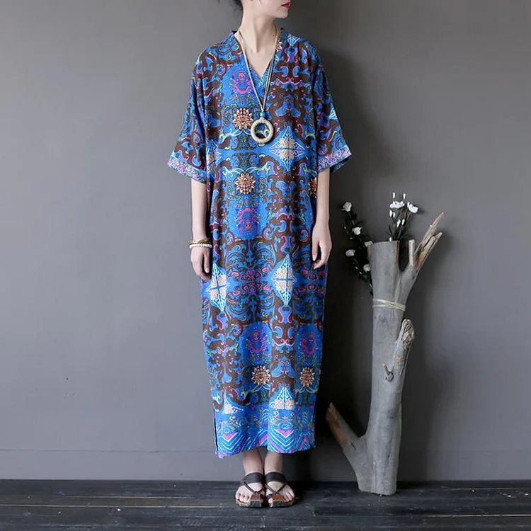French side open linen v neck dress Tunic Tops blue prints Dresses