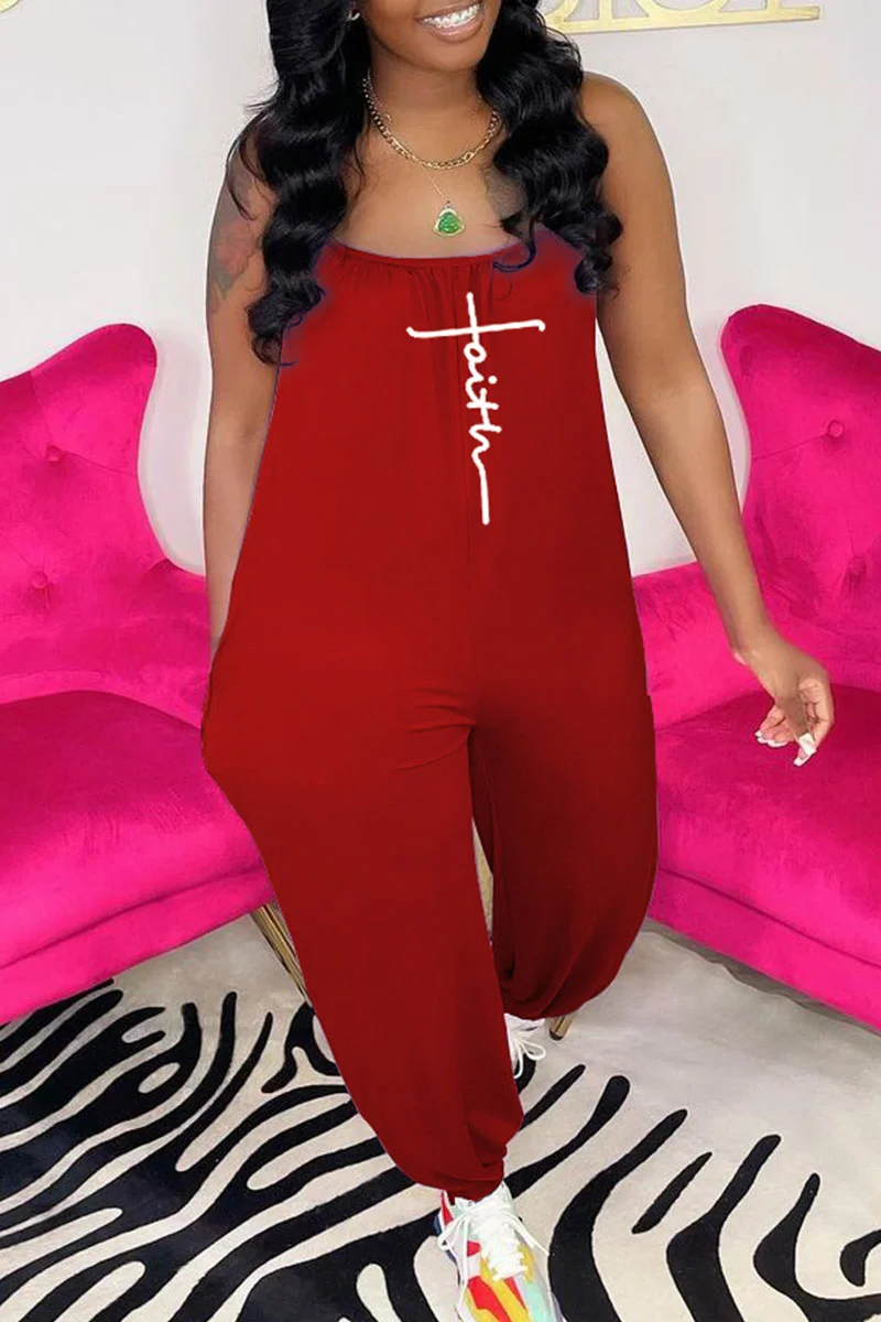 Red Casual Street Print Patchwork Spaghetti Strap Straight Jumpsuits | EGEMISS
