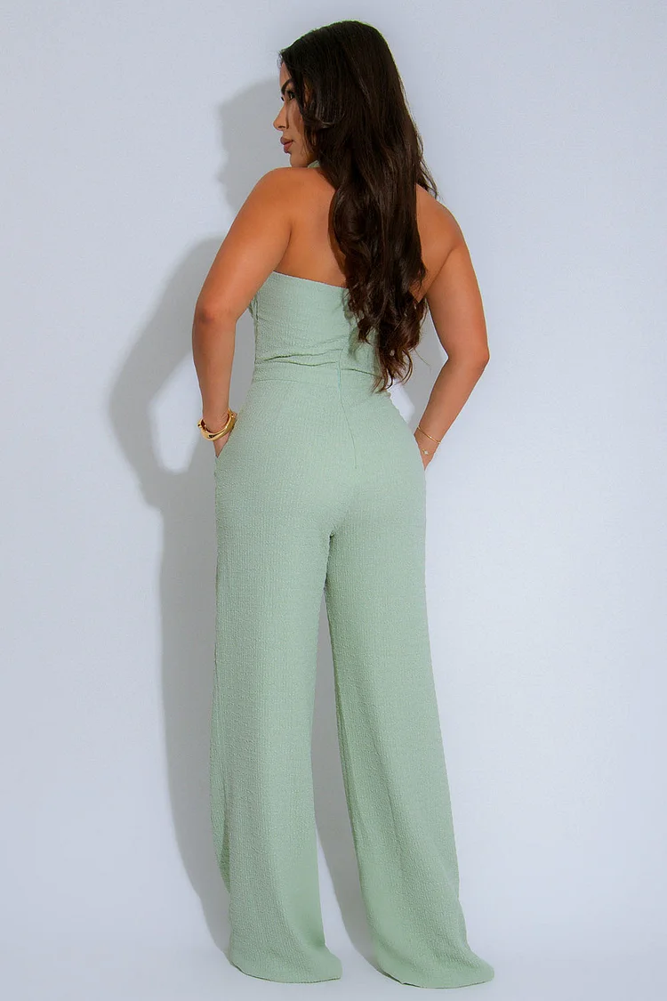 Braid Halter Backless Bow Cutout Cinched Wide Leg Jumpsuit-Green [Pre Order]