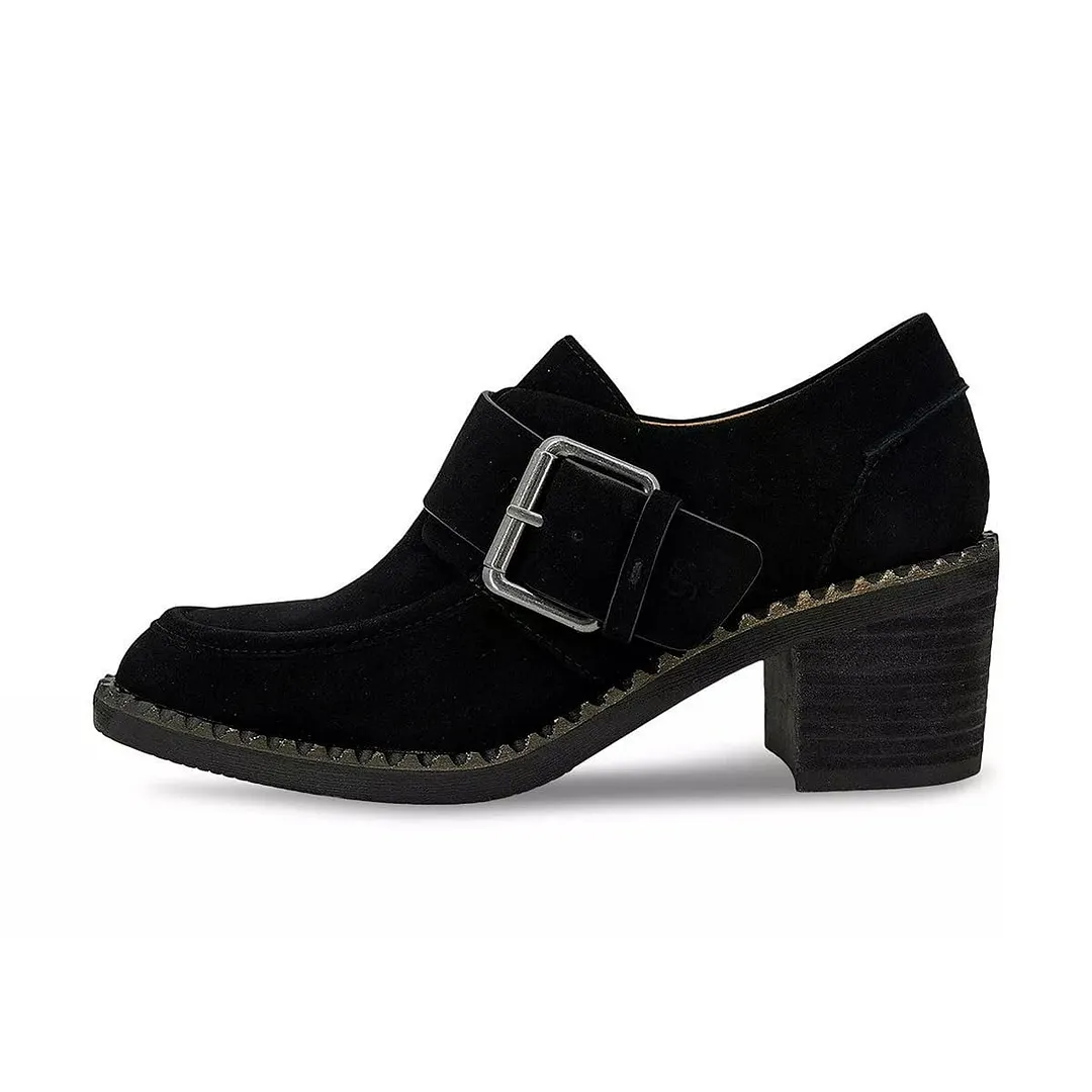 Black Vegan Suede Block Heel Round Toe Buckle Strap Women's Loafers