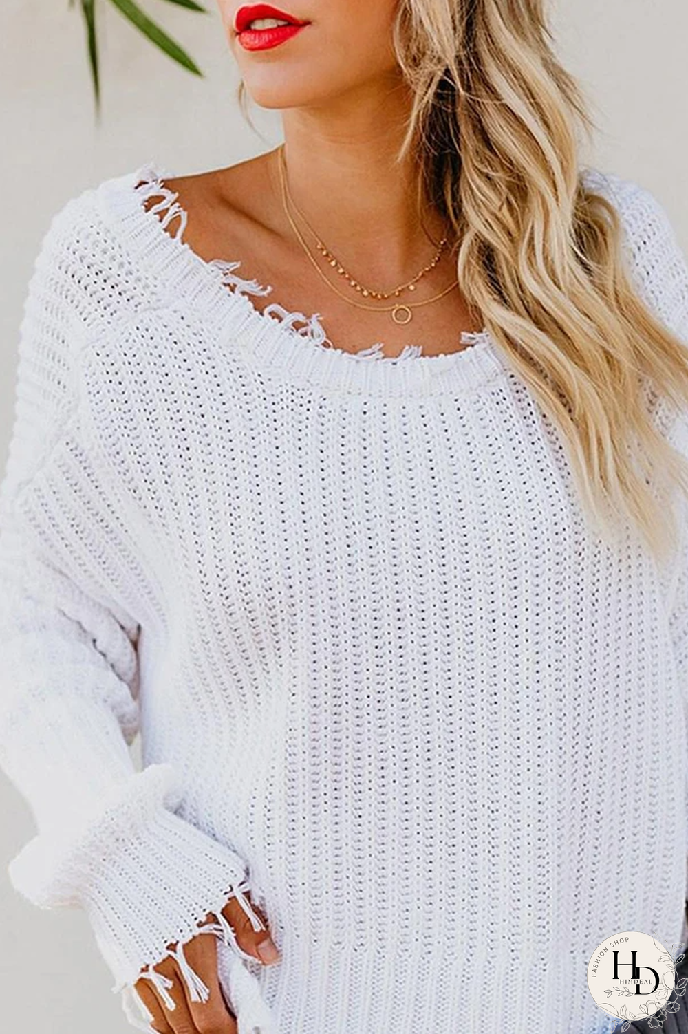 V-Neck Fringed Long-Sleeved Sweater
