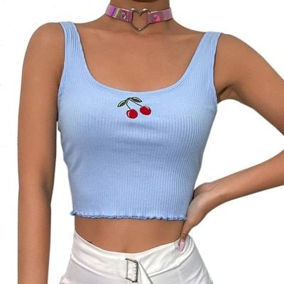 Cotton Ribbed Cherry Embroidery Tank Top Sweet Fashion Cropped Sleeveless Summer Top Vest 2019 New Crop Tops Clothing