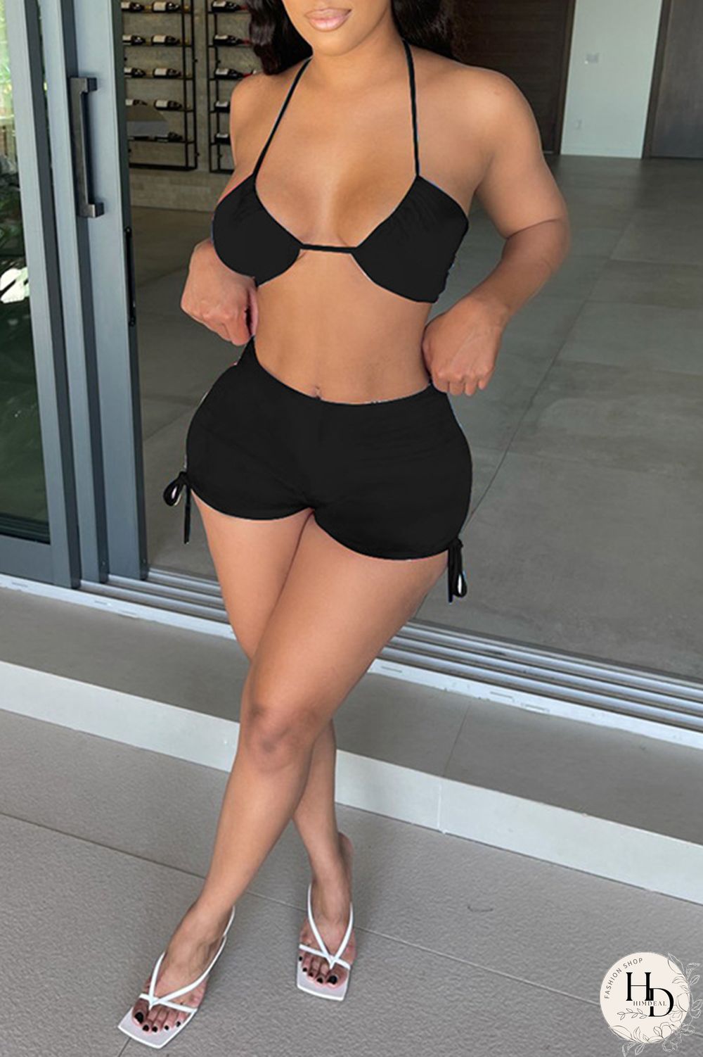 Black Fashion Sexy Solid Backless Halter Sleeveless Two Pieces