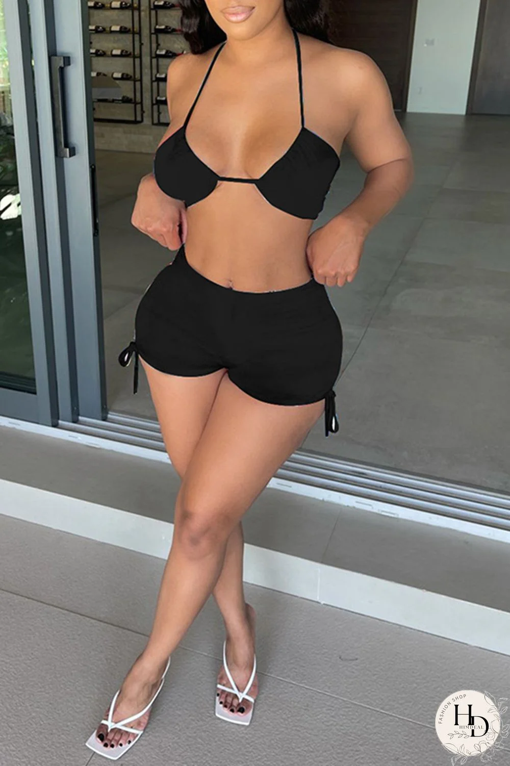 Black Fashion Sexy Solid Backless Halter Sleeveless Two Pieces