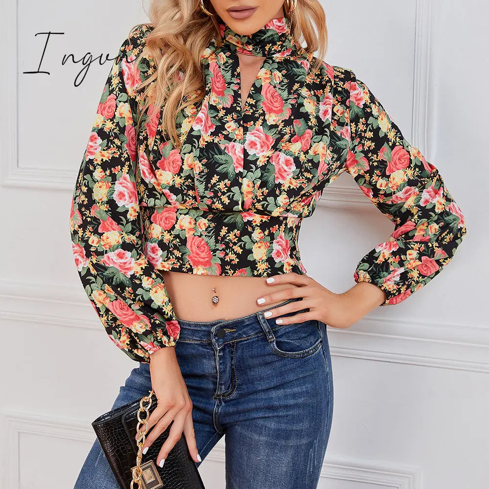 Ingvn - Cropped Floral Print Smocked Waist Blouse / S