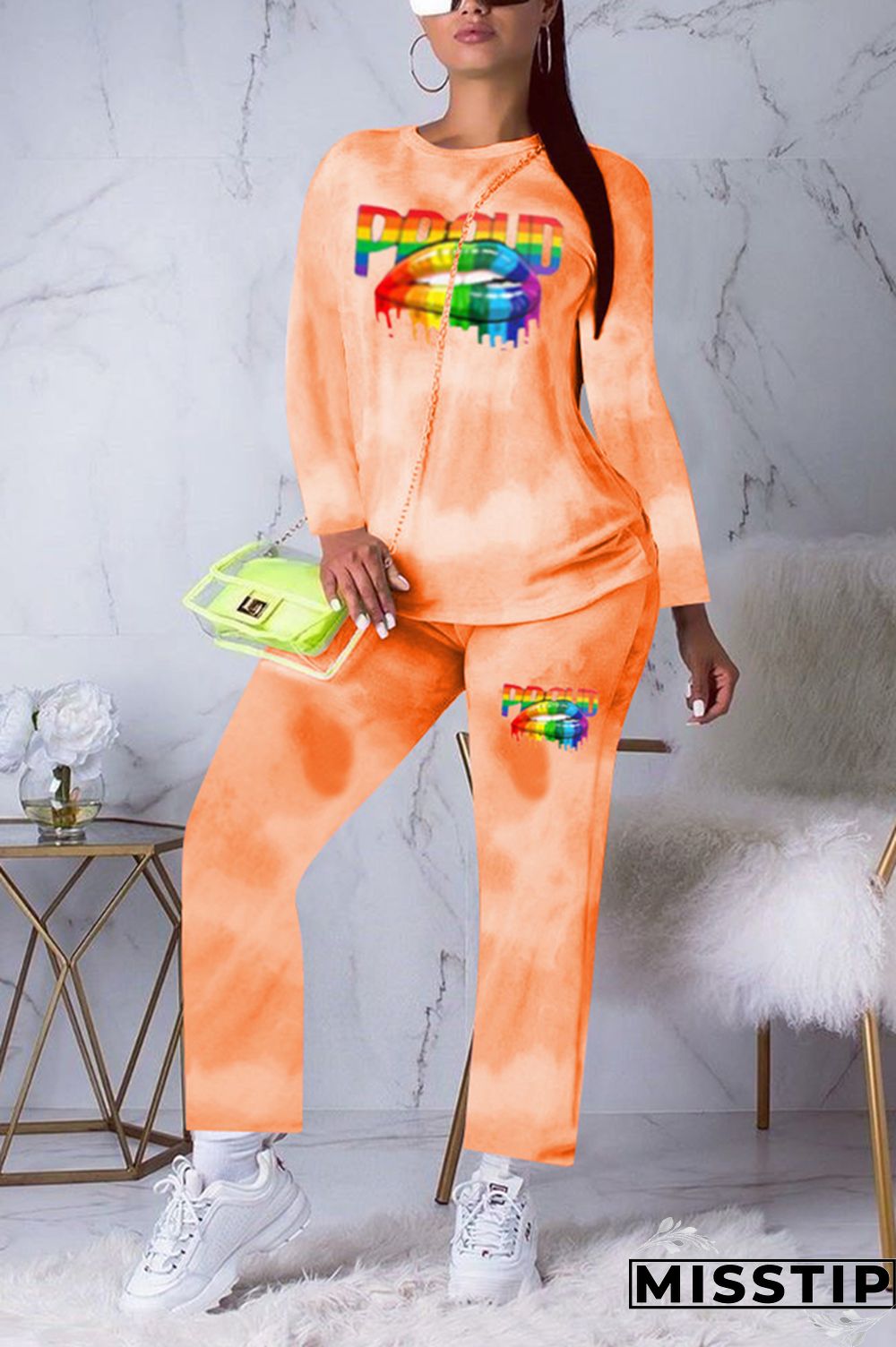 Orange Active Print Straight Long Sleeve Two-piece Pants Set