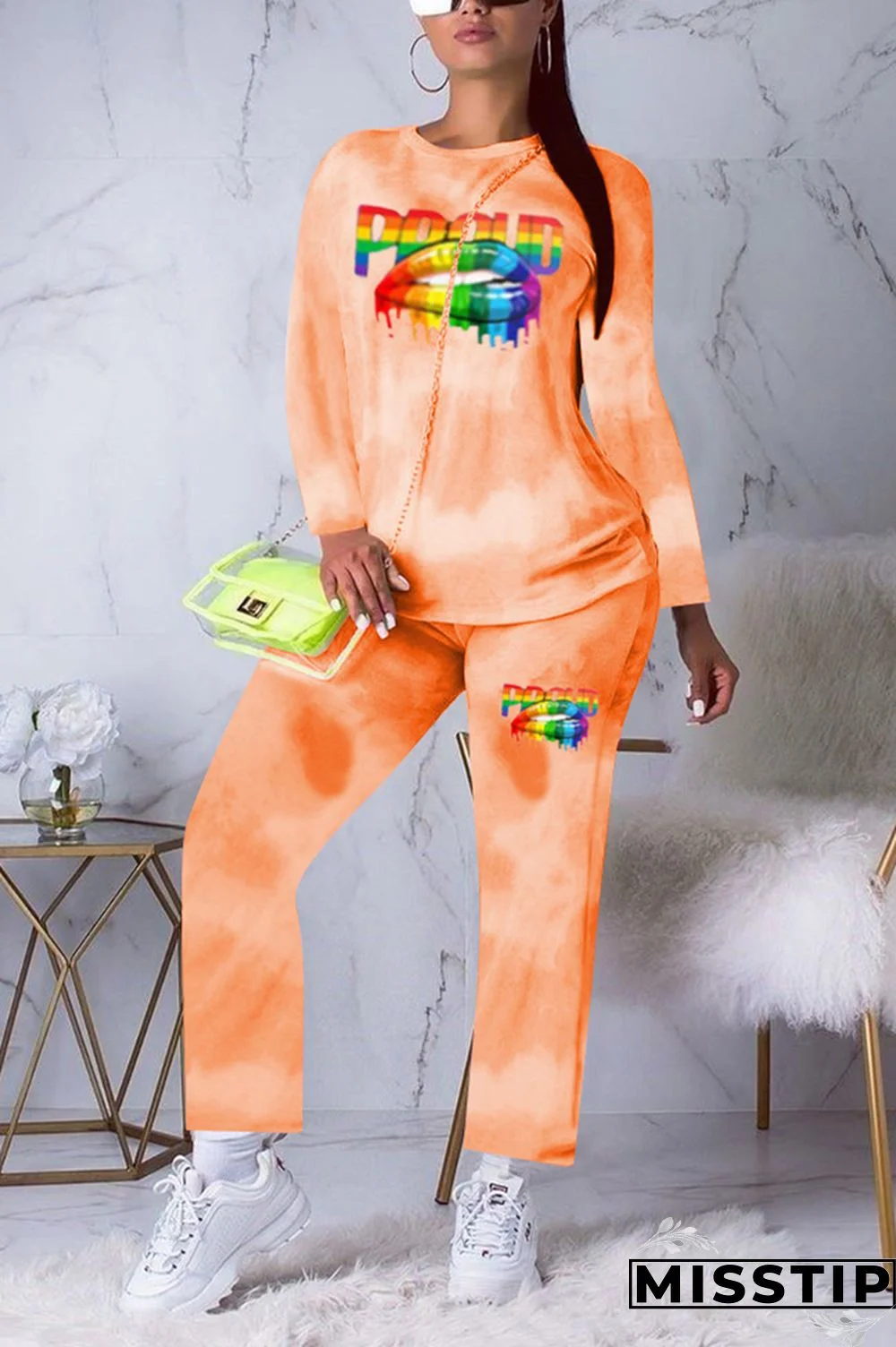 Orange Active Print Straight Long Sleeve Two-piece Pants Set