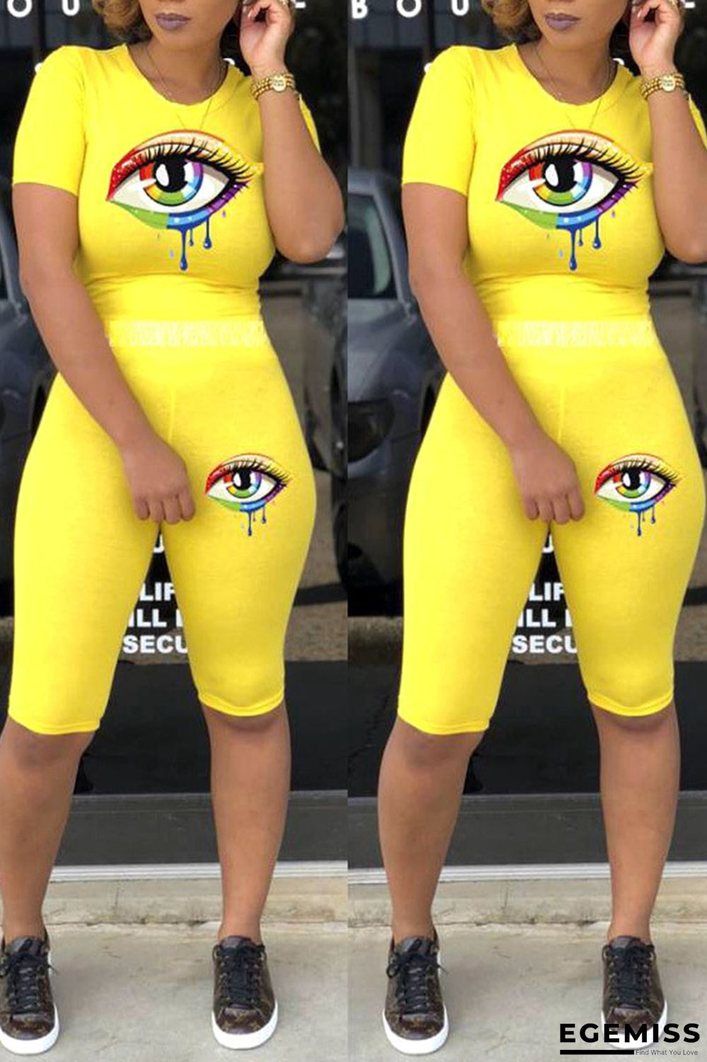 Yellow Casual Print Patchwork O Neck Short Sleeve Two Pieces | EGEMISS