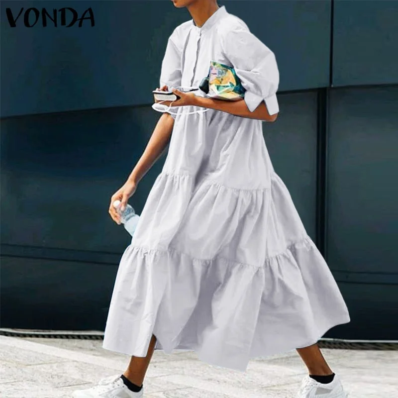 Mid-Calf Dress 2022 VONDA Woman Summer O Neck Short Lantern Sleeve Dresses Bohemian Party Vestidos Femme Mid-Calf Length Robes